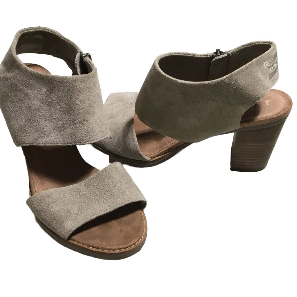 Toms Majorca Cutout Gray Taupe Leather Suede Stacked Heel Open Toe Chic Sandal 8